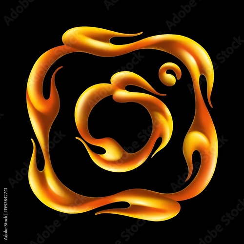 A creative camera-shaped design is crafted from glowing orange and yellow flames, with fluid curves forming the frame and lens elements against a stark black backdrop.