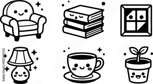 Kawaii line art flat design cozy home icons smiling armchair tea cup lamp books window plant cute set black outline