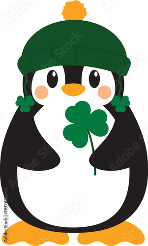 Penguin Wearing Green Hat Holding Shamrock