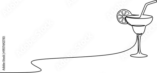 Continuous one line drawing of a margarita cocktail glass with lime slice and straw minimal vector illustration
