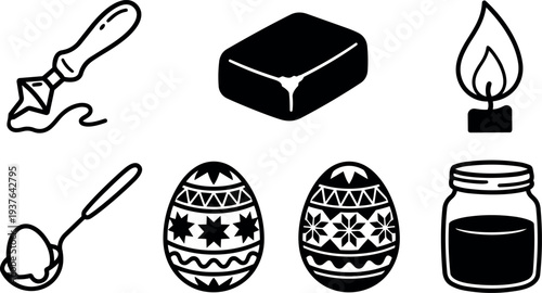 Line art egg decorating for easter with wax stylus beeswax candle dye jar spoon and two patterned eggs vector icons