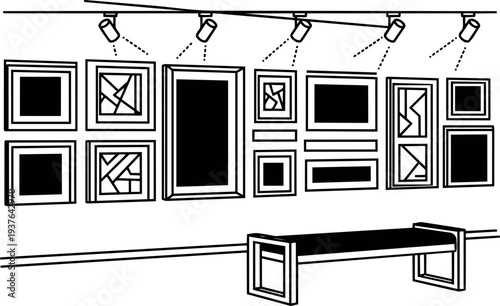 Minimalist line art gallery interior with framed abstract artwork bench and ceiling spotlights side view high contrast monochrome vector illustration