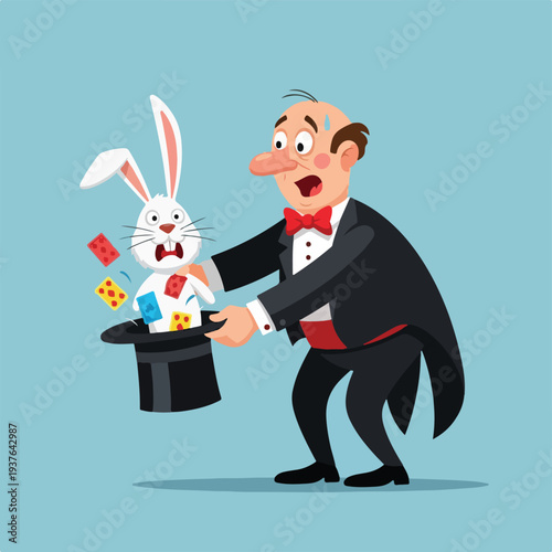 Magician producing white rabbit from top hat with playing cards