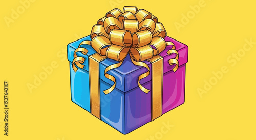 Colorful wrapped gift box with golden ribbon and bow.
