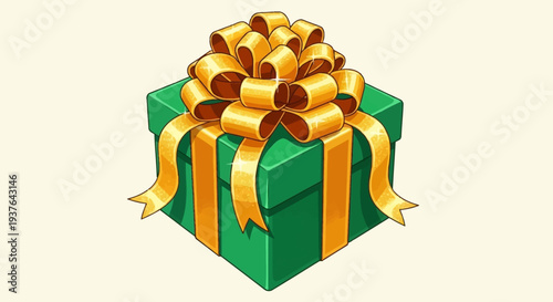 Green gift box with golden ribbon and bow.