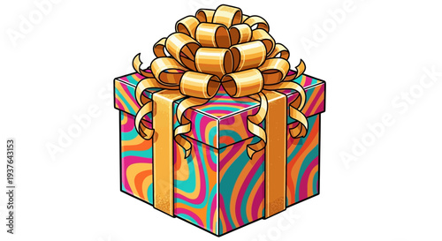 Colorful gift box with gold ribbon and bow.