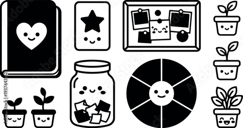 Kawaii flat vector icon set smiling plant pots jar with notes heart notebook mood board smiling color wheel minimal icons