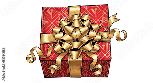 Red gift box with gold ribbon and bow illustration.