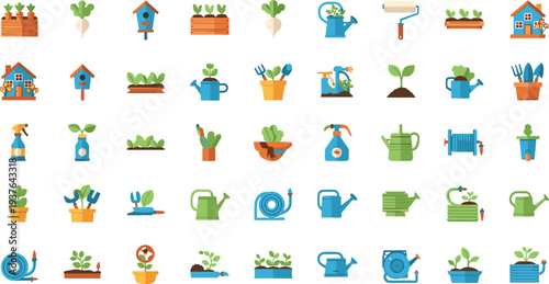 Gardening Tools and Plant Care Icon Set with Watering Can Flower Pot Sprayer Garden Hose and Home Gardening Vector Illustration.