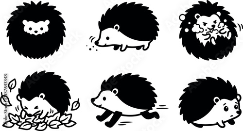 Flat cartoon vector hedgehog icons set six poses including running sniffing hiding in leaves playful bold silhouette illustrations simple black