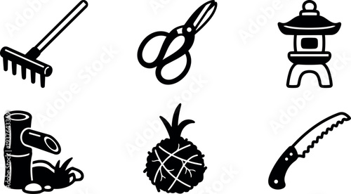 Flat design top view garden tool icons rake scissors pruning saw bamboo fountain stone lantern and pine clump black silhouettes