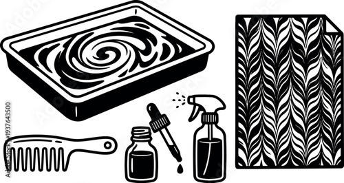 Marbling art flat design tray comb dropper and spray creating feathered paper pattern close up studio lighting monochrome vector illustration