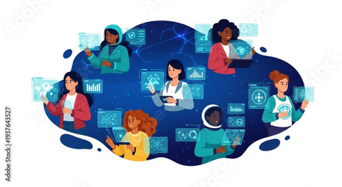 Diverse group of people collaborating on digital devices in a cloud shaped network