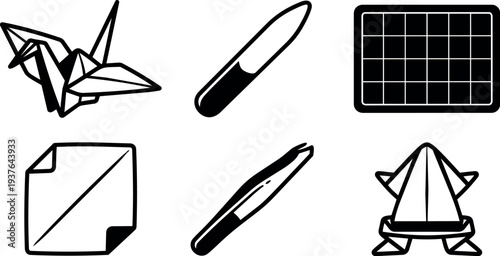 Flat design top view origami crane paper square tweezers bone folder cutting mat icons arranged on white studio background closeup