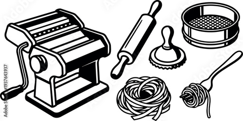 Line art close up vintage pasta maker with hand crank rolling pin dough cutter nest of tagliatelle and fork twirl