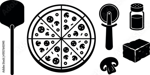 Flat design top view sliced pizza with mushrooms and pepperoni with pizza peel cutter cheese block and shaker close up