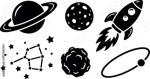 Flat design space icon set with rocket planet moon asteroid constellation ringed planet and stars in black vector minimal silhouette