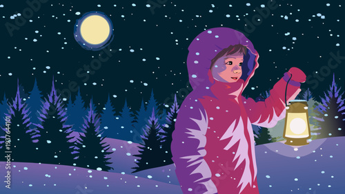 Child in red winter coat holding lantern under snowy night sky with moon