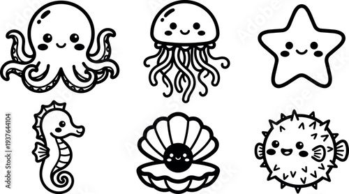 Cute line art kawaii sea creatures set six smiling octopus jellyfish starfish seahorse clam pufferfish simple vector black and white