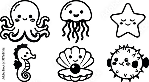Kawaii line art sea creature icons arranged in two rows friendly smiling octopus jellyfish starfish seahorse shell with pearl pufferfish