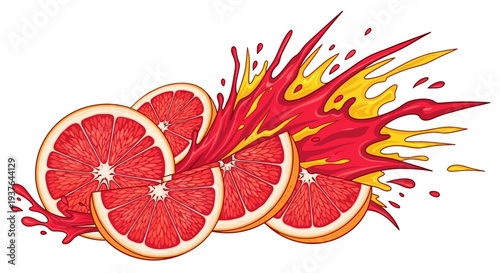 Vibrant slices of fruit bursting with juice in a colorful dynamic illustration of citrus energy and freshness