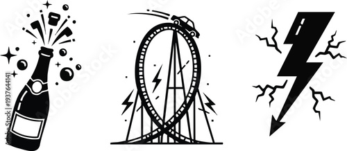 High Energy and Celebration Vector Pack - Popping Champagne Bottle, Roller Coaster Loop, and Lightning Bolt Icons