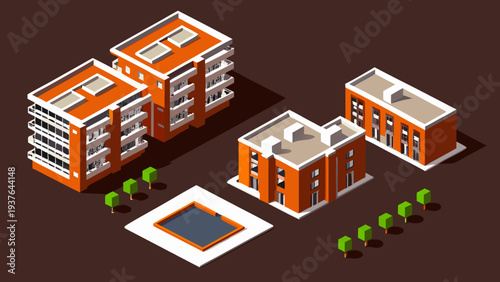 Isometric illustration of modern residential buildings with orange facades and white accents on a brown background