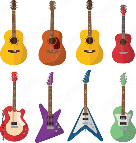 Acoustic and electric guitars vector set, colorful musical instruments collection, rock band guitar icons illustration design bundle