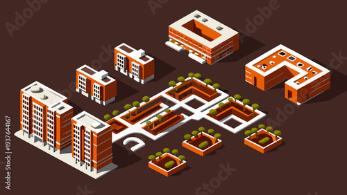 Eco friendly urban district with green spaces and sustainable buildings isometric vector illustration for environmental and architectural concepts