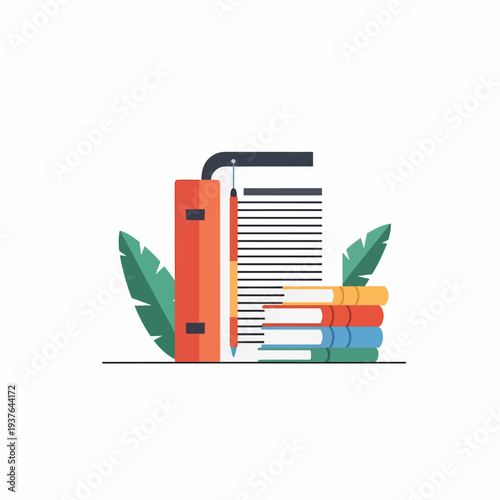 Stack of Books with Green Leaves.