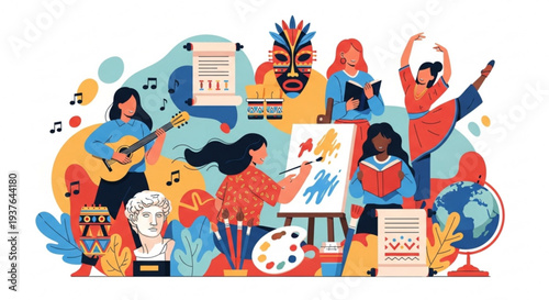 Vibrant illustration of diverse people engaging in creative activities like painting playing guitar and dancing together