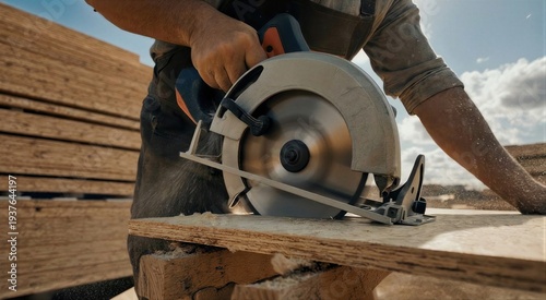 Man construction worker cuts wood with a power saw. Carpentry and construction concept for renovation or building new home.