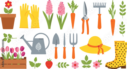 Gardening and Plant Care Vector Icon Set Featuring Garden Tools, Watering Can, Flowers, Carrot, Gloves, Boots, and Spring Plants