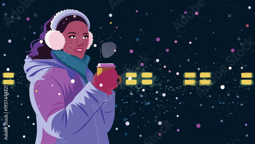 Woman in purple coat and earmuffs holding hot drink on snowy night with city lights