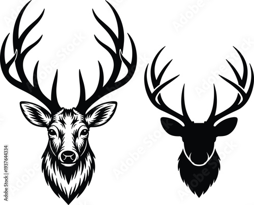 Deer head silhouette vector illustration, stag antlers wildlife emblem, hunting trophy animal logo, black forest deer icon design