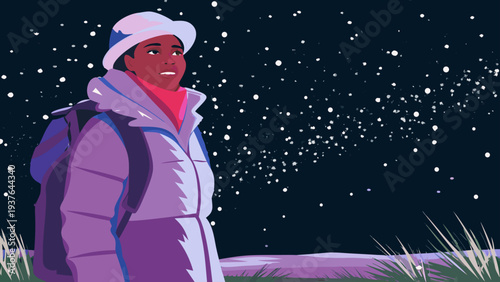 Person in winter clothing standing under starry night sky with snowflakes wearing backpack and looking up