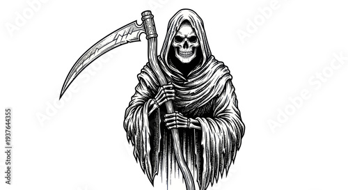 Grim Reaper Holding Scythe, Spooky Skeleton Figure in Hooded Robe, Symbol of Death