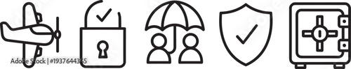 Black line vector icon set of travel insurance, unlocked security padlock, family umbrella protection, shield checkmark, safe deposit box for secure finance and safety illustration, Adobe Stock
