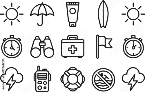 Black line vector icon set of summer beach essentials, sun protection, surfboard, sunscreen, stopwatch, binoculars, first aid kit, safety buoy, weather symbols for travel and vacation illustration, 