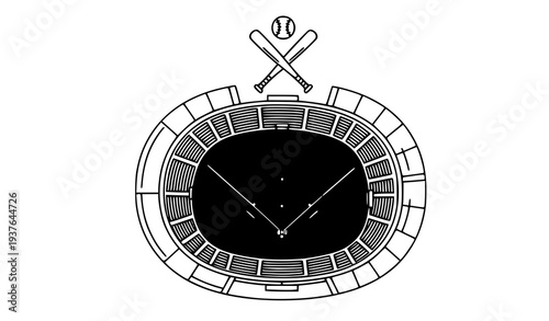 A minimalist vector illustration of a baseball stadium with bats and ball