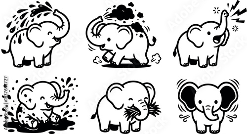Line art playful elephant character set showing spraying bathing trumpeting sitting rolling and joyful cute poses in black and white