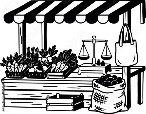 Line art market stall with fresh vegetables wooden counter scales tote bag low angle close up black and white illustration