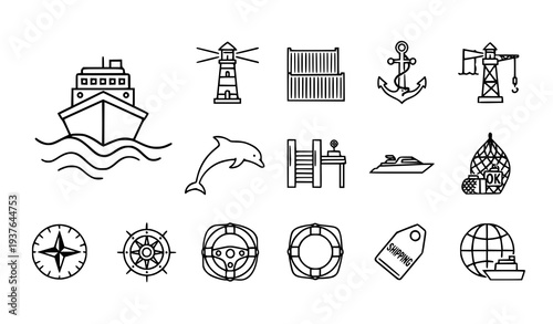A set of nautical icons and symbols in a minimalist line art style