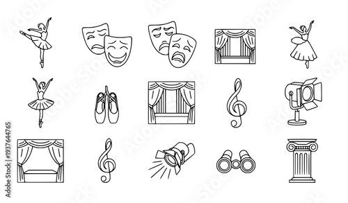 A collection of black and white vector icons representing theater and music