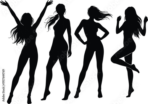 Women swimsuit silhouettes set, female beach body poses, summer swimwear fashion models standing dancing isolated vector illustration
