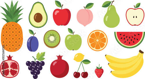 Fresh Fruit Vector Icon Set Featuring Pineapple, Banana, Apple, Pear, Kiwi, Orange, Watermelon, Grapes, Cherry, and Tropical Healthy Foods
