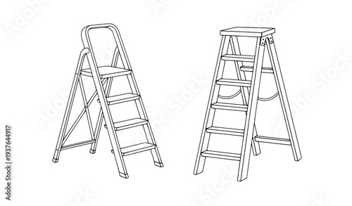 A minimalist line art illustration of two step ladders on a white background