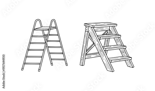 A vector graphic illustration of two different step ladders side by side