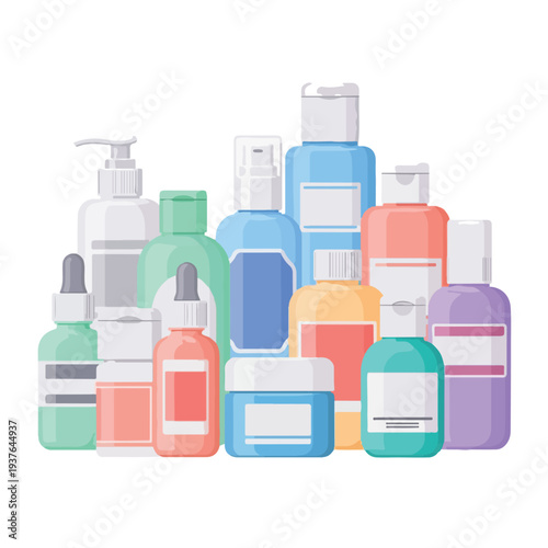 Assorted colorful bottles and tubes of personal care products