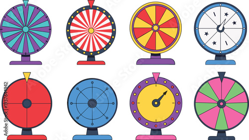 Prize Decision Spin Wheel Icon Set for Carnival Game Show Lucky Draw Contest Casino Promotion and Random Choice Vector Illustration.
